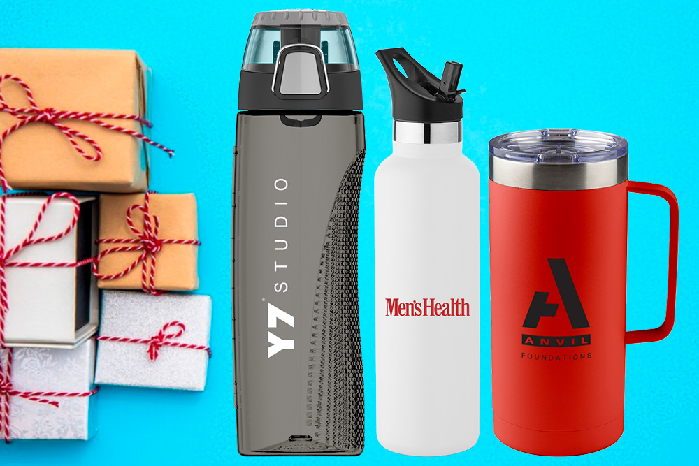 Metal bottle + notebook + elegant pen on neutral background