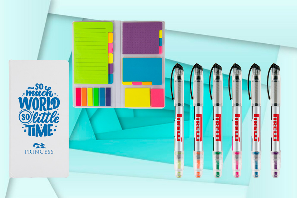 Custom journal, spray sanitizer, lanyard, logo stickers on a desk setting